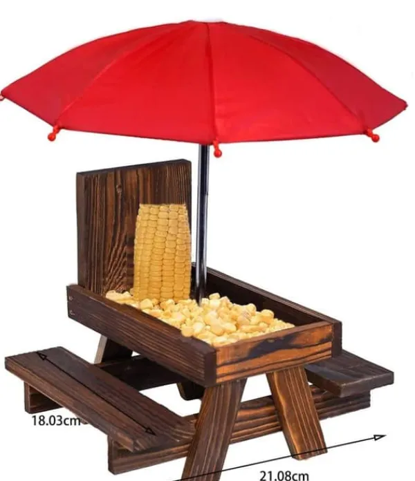 Til Fugle & Småvildt^Lollanda Bordsæt til egern – udendørs picnicbord med parasol til fodring af fugle og egern, dekorativ havestation