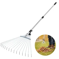 New Løvrive - Teleskopisk haverive - 15 Metaltænder - Justerbar bredde 19–57 cm - Teleskopskaft 81,3–160 cm - Rustfrit stål - Til løv og græsplæne Haveværktøj
