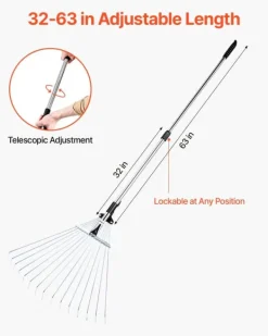 New Løvrive - Teleskopisk haverive - 15 Metaltænder - Justerbar bredde 19–57 cm - Teleskopskaft 81,3–160 cm - Rustfrit stål - Til løv og græsplæne Haveværktøj