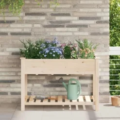Plantningsbænke^Massiv Blomsterkrukke med Hylde - Træplantkasse | Farve: Beige | Størrelse: 115x59x76.5 cm