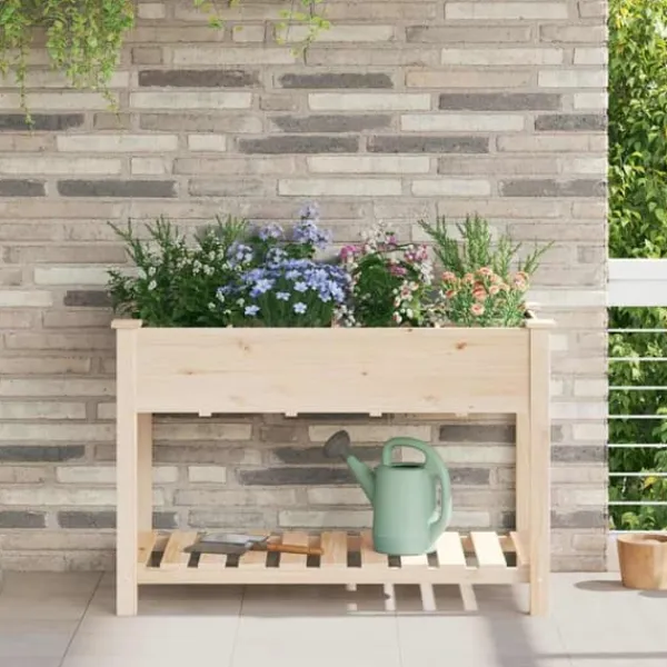 Plantningsbænke^Massiv Blomsterkrukke med Hylde - Træplantkasse | Farve: Beige | Størrelse: 115x59x76.5 cm