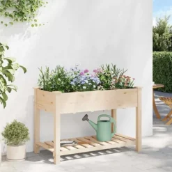 Plantningsbænke^Massiv Blomsterkrukke med Hylde - Træplantkasse | Farve: Beige | Størrelse: 115x59x76.5 cm