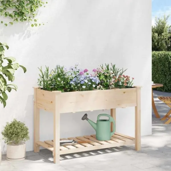 Plantningsbænke^Massiv Blomsterkrukke med Hylde - Træplantkasse | Farve: Beige | Størrelse: 115x59x76.5 cm