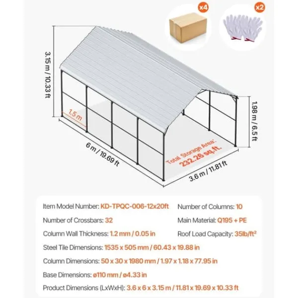 Clearance Metal Carport 12' x 20', Heavy Duty Udendørs Garage, Robust, Velegnet til både, Beskyttelse mod vejr og UV-stråler Skure, Garager & Carports