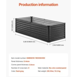 Plantningsbænke^Metal Hævet Haveseng 6x3x2ft, Galvaniseret Plantekasse, Mørkegrå, Holdbar og Vandafvisende, Ideel til Udendørs Brug
