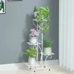 Plantestativer^Metal Planteholder, 4 Niveauer, Holdbar Konstruktion, Ideel til Indendørs og Udendørs Brug,HVID