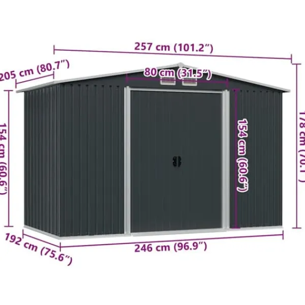 Skure, Garager & Carports^Metalskur til haven - Opbevaring af værktøj | Størrelse: 257x205x178 cm | Farve: Antracitgrå