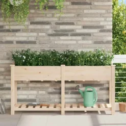 Plantningsbænke^Moderne blomsterkrukke i massiv fyrretræ med hylde | Størrelse: 161x43x76.5 cm | Farve: Beige