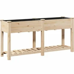 Plantningsbænke^Moderne blomsterkrukke i massiv fyrretræ med hylde | Størrelse: 161x43x76.5 cm | Farve: Beige