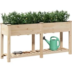 Plantningsbænke^Moderne blomsterkrukke i massiv fyrretræ med hylde | Størrelse: 161x43x76.5 cm | Farve: Beige
