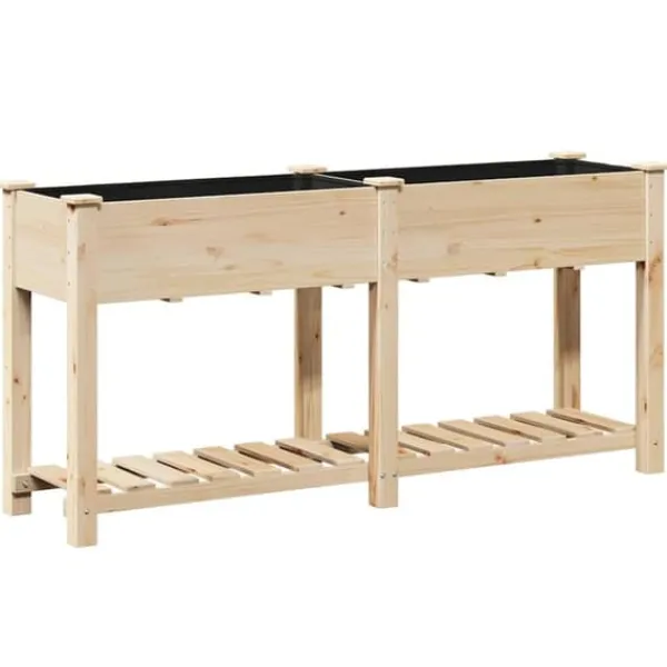 Plantningsbænke^Moderne blomsterkrukke i massiv fyrretræ med hylde | Størrelse: 161x43x76.5 cm | Farve: Beige