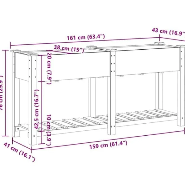 Plantningsbænke^Moderne blomsterkrukke i massiv fyrretræ med hylde | Størrelse: 161x43x76.5 cm | Farve: Beige