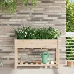Plantningsbænke^Moderne Blomsterkrukke i Massivt Fyrretræ med Hylde | Farve: Beige | Størrelse: 115 x 59 x 76.5 cm