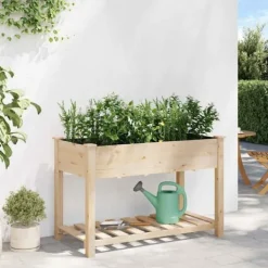Plantningsbænke^Moderne Blomsterkrukke i Massivt Fyrretræ med Hylde | Farve: Beige | Størrelse: 115 x 59 x 76.5 cm