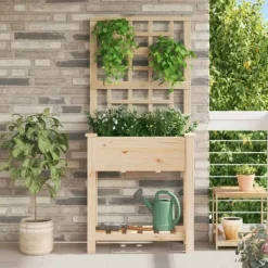 Plantningsbænke^Moderne havekasse med espalier og hylde - Rektangulær | Farve: Beige | Størrelse: 71x38x152 cm