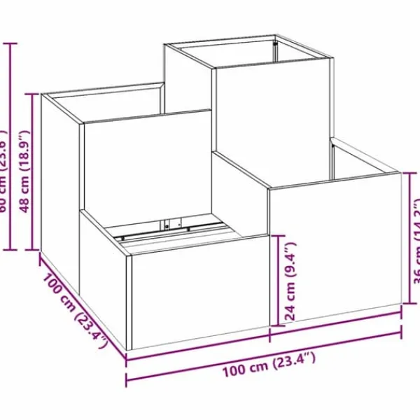 Krukker & Plantebeholdere^Moderne metalhavekrukke i galvaniseret stål - Rektangulær | Størrelse: 100x100x60 cm | Farve: Sølv