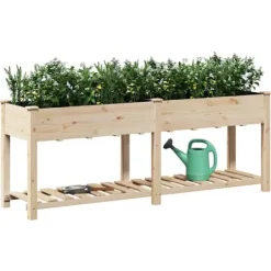 Best Moderne Plantekasse i Massivt Fyrretræ med Indbygget Hylde | Farve: Beige | Størrelse: 203x53x76.5 cm Plantningsbænke