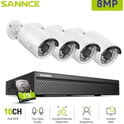 Online 8MP CCTV Overvågningssystem, PoE, Smart Detektion, To-Vejs Lyd,4 stykker 2TB Sikkerhedsmonitorer & Videokameraer