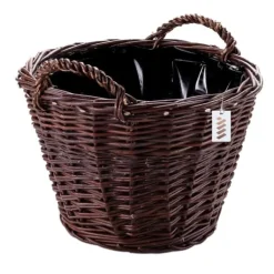 Havekurve^Mørk flettet gårdkurv til høst af frugt, grøntsager, kartofler, urtepotte, ballon, 30 cm, jute, fastgjort med stropper