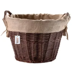 Mørk flettet gårdkurv til høst af frugt, grøntsager, kartofler, urtepotte, ballon, 45 cm, jute, fastgjort med stropper Havekurve