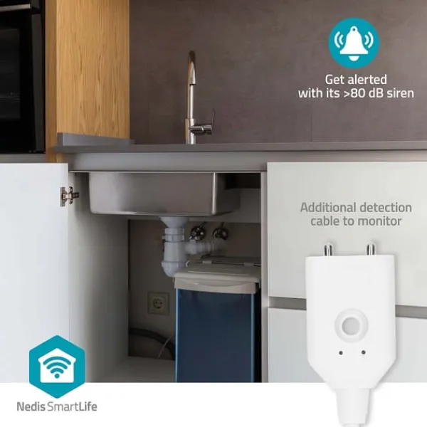 Lækagedetektorer^Nedis SmartLife Vand Detektor | Wi-Fi | Batteri | Udvidelse inkluderet | Maks. batteritid: 24 Måned | 80 dB | Hvid
