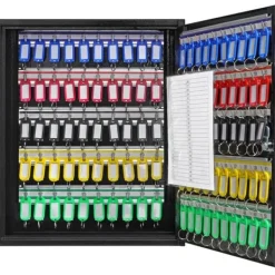 Pengeskabe^100-nøgler nøgleskab med justerbare hylder og farverige nøglemærker. Perfekt til organisering!