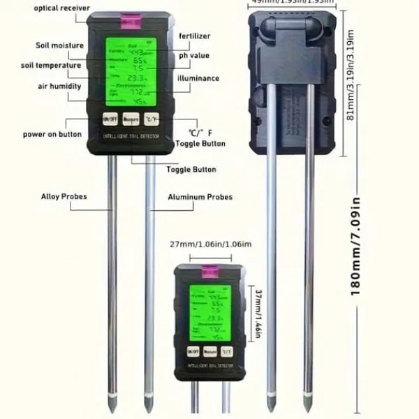 Jord & Sand^OBOSOE 6-i-1 digital jordtester – LCD-skærm med baggrundsbelysning, måler fugtighed, pH, temperatur, sollys, fugtighed, næringsstoffer