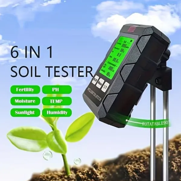 Jord & Sand^OBOSOE 6-i-1 digital jordtester – LCD-skærm med baggrundsbelysning, måler fugtighed, pH, temperatur, sollys, fugtighed, næringsstoffer