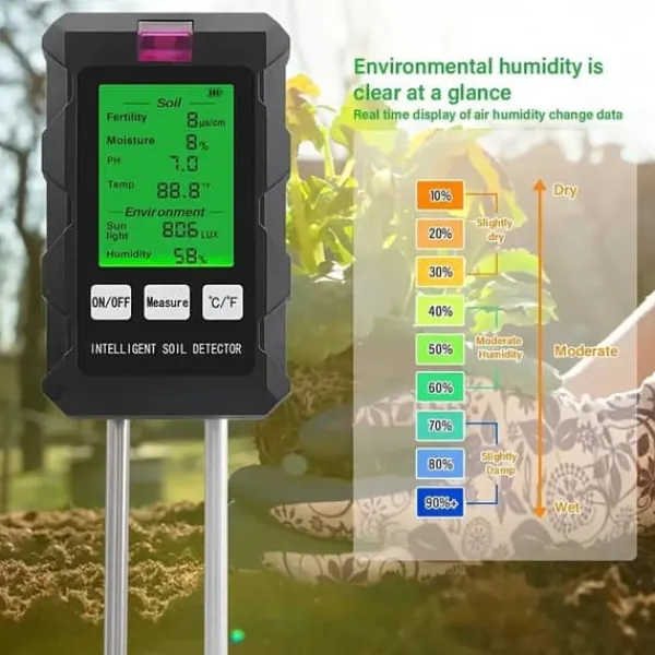 Jord & Sand^OBOSOE 6-i-1 digital jordtester – LCD-skærm med baggrundsbelysning, måler fugtighed, pH, temperatur, sollys, fugtighed, næringsstoffer