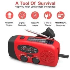 Hot OBOSOE Krank Radio med Solceller, Lommelygte og 2000mAh Powerbank SOS, Rød Beredskabsplaner