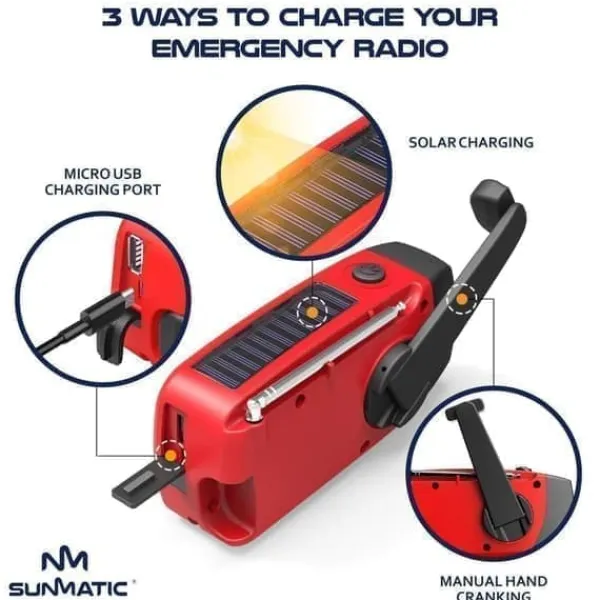 Sale OBOSOE Krankradio med solceller, LED lommelygte og 2000mAh Powerbank SOS SUNMATIC - Vejrradio til hjemmet og camping nødsituationer med AM/FM radio Beredskabsplaner