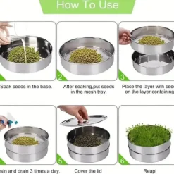 Kit Til Plante- & Urtedyrkning^OBOSOE 3-lags rustfrit stål Grokit - Stabelbare kimbakker til dyrkning af friske økologiske spirer såsom lucerne, radise, broccolispirer, hvedegræs