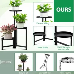 Hot OBOSOE Metal Plant Rack 3-Level – Urtepottehylde til indendørs og udendørs (balkon, stue, kontor) Plantestativer