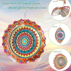 Vinddekoration^OBOSOE 2-pak 3D roterende mandala-vindspil – 15 cm mandala-dekoration til have og indendørs brug, flerfarvet
