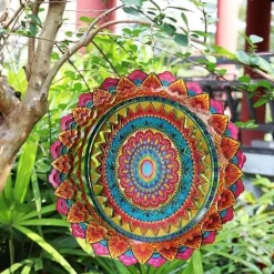 Vinddekoration^OBOSOE 2-pak 3D roterende mandala-vindspil – 15 cm mandala-dekoration til have og indendørs brug, flerfarvet
