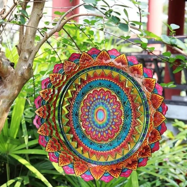 Vinddekoration^OBOSOE 2-pak 3D roterende mandala-vindspil – 15 cm mandala-dekoration til have og indendørs brug, flerfarvet