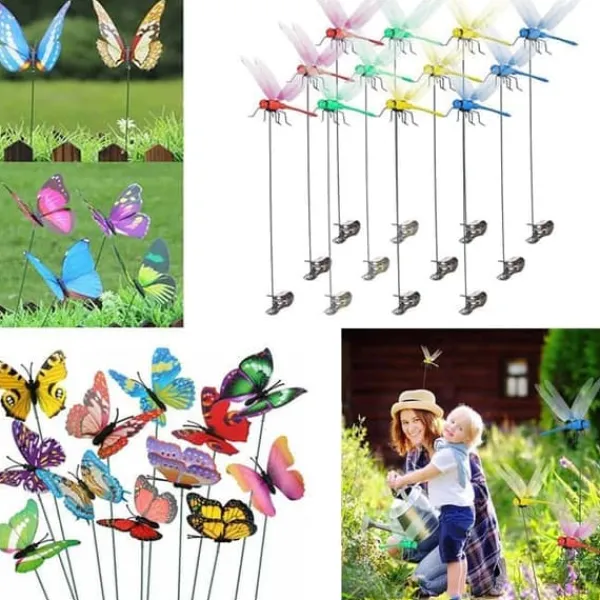 New OBOSOE 52-pak havedekoration – 3D PVC sommerfugle på pinde og guldsmede med clips, til udendørs blomster- og altandekoration Havedekorationer
