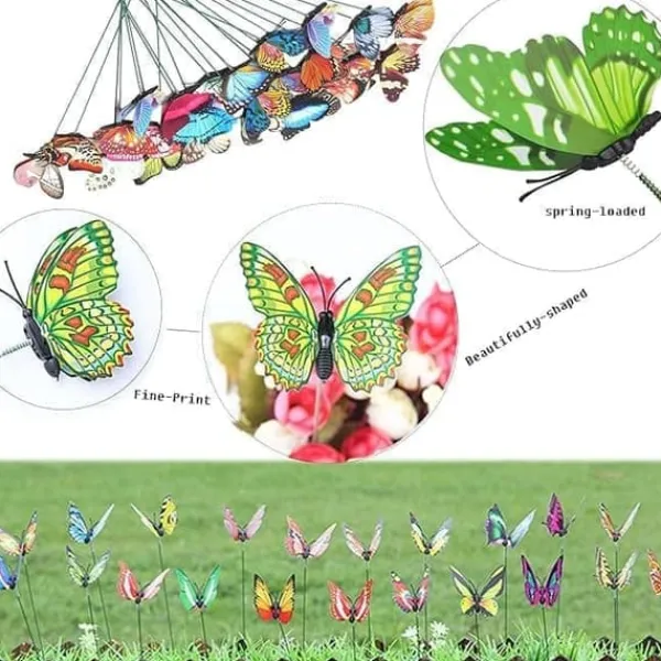 New OBOSOE 52-pak havedekoration – 3D PVC sommerfugle på pinde og guldsmede med clips, til udendørs blomster- og altandekoration Havedekorationer