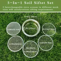 Discount OBOSOE sigte i rustfrit stål – sigtesæt med 5 udskiftelige sigter (1 mm, 3 mm, 6 mm, 9 mm, 12 mm) – havesigte til jord, sand, sten, filtrering Jord & Sand
