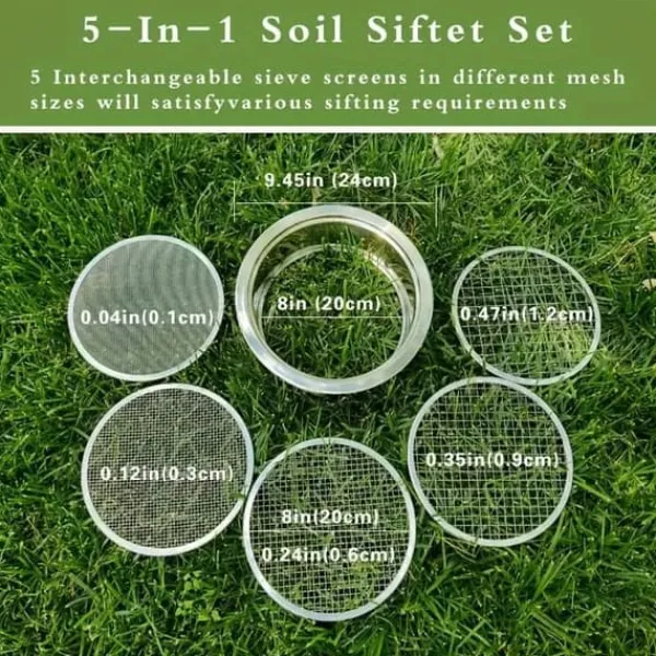 Discount OBOSOE sigte i rustfrit stål – sigtesæt med 5 udskiftelige sigter (1 mm, 3 mm, 6 mm, 9 mm, 12 mm) – havesigte til jord, sand, sten, filtrering Jord & Sand
