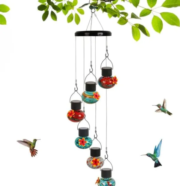 Clearance OBOSOE Solar Hummingbird Feeder med vindklokke – 6 lækagesikre glasdøre, matteret design og flerfarvet natlys Vinddekoration