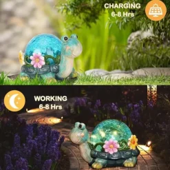 Best OBOSOE Solar Lamp Turtle Udendørs Statue – Havedekoration med revnet glas til terrasse Havedekorationer