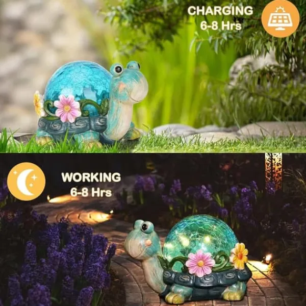 Best OBOSOE Solar Lamp Turtle Udendørs Statue – Havedekoration med revnet glas til terrasse Havedekorationer