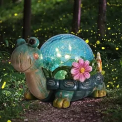 Best OBOSOE Solar Lamp Turtle Udendørs Statue – Havedekoration med revnet glas til terrasse Havedekorationer