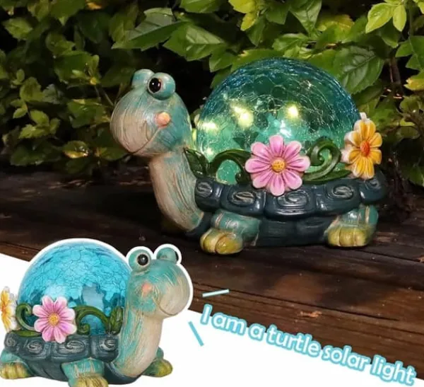 Best OBOSOE Solar Lamp Turtle Udendørs Statue – Havedekoration med revnet glas til terrasse Havedekorationer