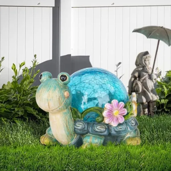 Best OBOSOE Solar Lamp Turtle Udendørs Statue – Havedekoration med revnet glas til terrasse Havedekorationer
