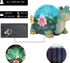 Best OBOSOE Solar Lamp Turtle Udendørs Statue – Havedekoration med revnet glas til terrasse Havedekorationer