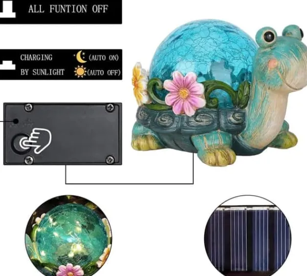 Best OBOSOE Solar Lamp Turtle Udendørs Statue – Havedekoration med revnet glas til terrasse Havedekorationer