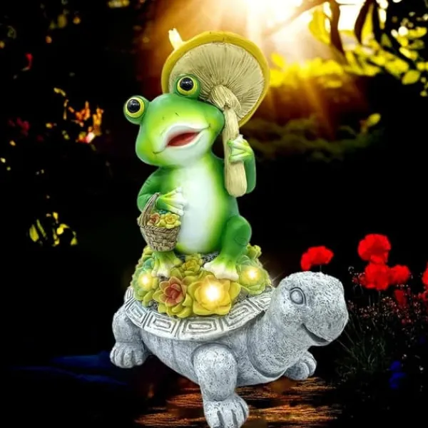 Havedekorationer^OBOSOE Solar Lampe Have Ornament Skildpadde & Frø – Udendørs Statue til Patio & Balkon