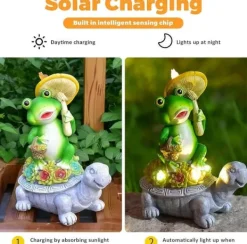 Havedekorationer^OBOSOE Solar Lampe Have Ornament Skildpadde & Frø – Udendørs Statue til Patio & Balkon